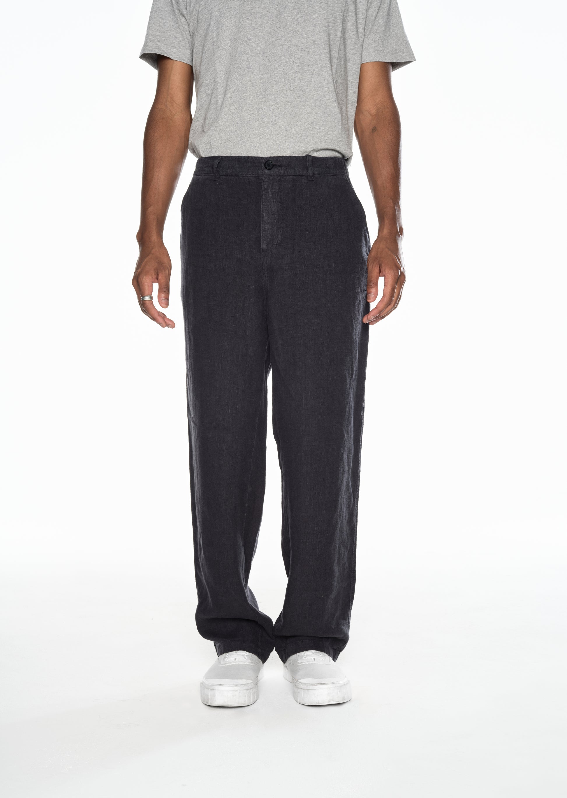 Elasticated Linen Trousers in Navy