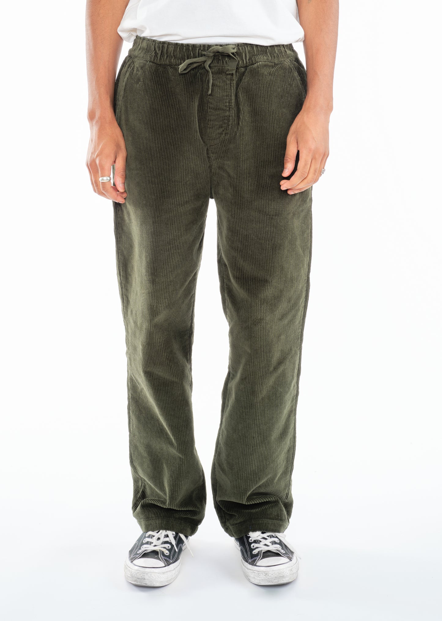 Simple Cord Drawstring Trouser in Washed Green
