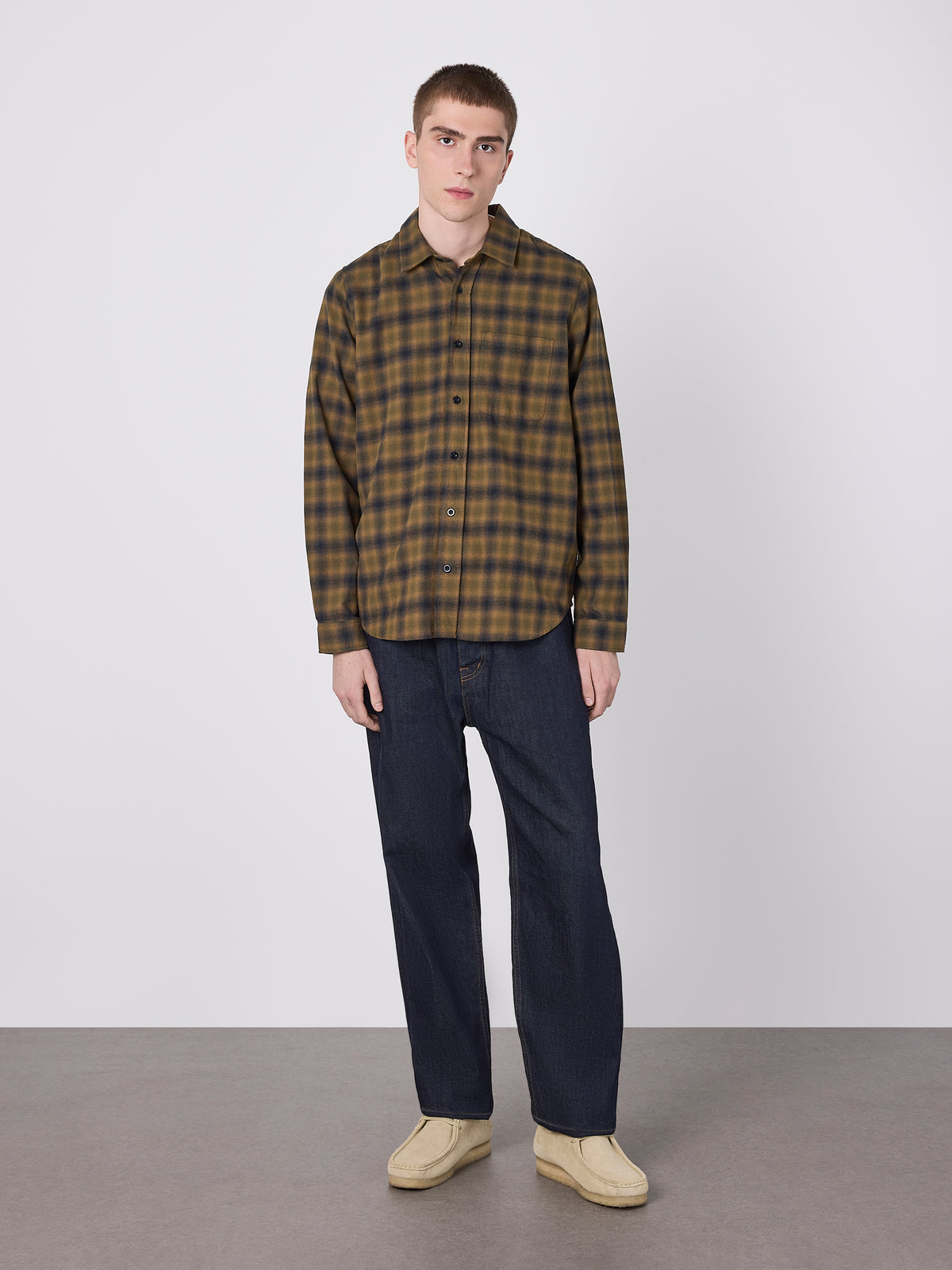 Kennedy Check Flannel Shirt in Dark Khaki